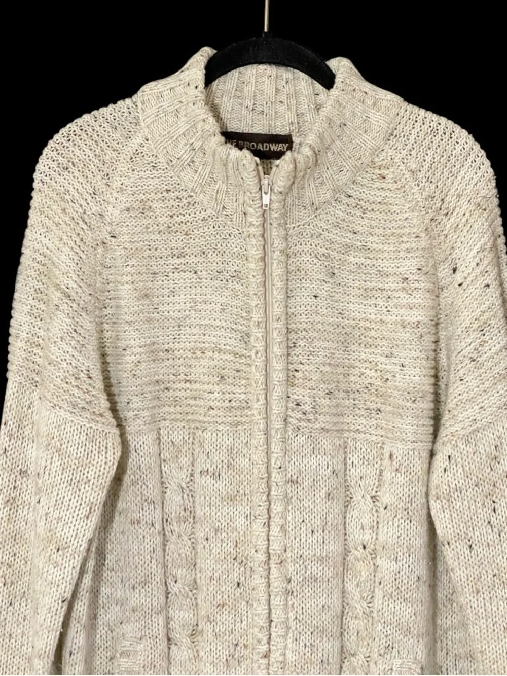 Vintage The Broadway Fisherman Sweater L Full Zip Cable Knit Oatmeal Coastal